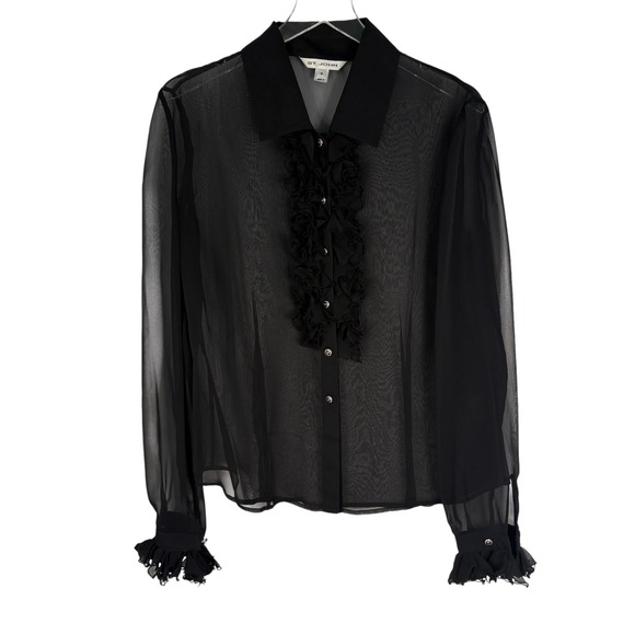 St John Womens Black Sheer Ruffle Front Button Up Blouse Size 10 Crystal Buttons - Picture 14 of 14